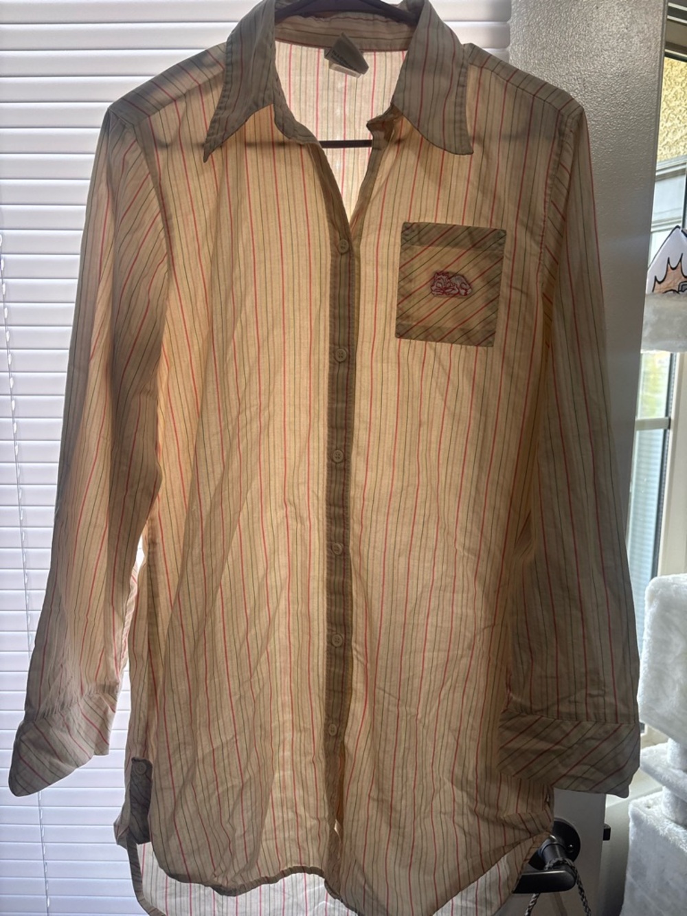 Vintage Men's Warner Bros Striped Button-Up Shirt Cream with Red & Green Stripes